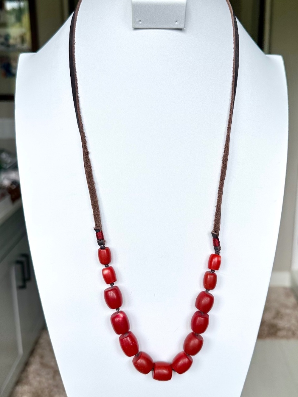 NWT Peyote Bird Free Spirit Coral Red Resin Beaded Leather Slider Necklace